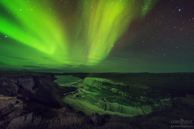 Исландия, Северное сияние. (Путешествия, водопад гульфосс)
