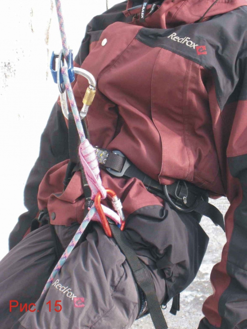 Применение узла «автоблок» для самостраховки при спуске по веревке в альпинизме. (самостраховка, дюльфер, безопасность)