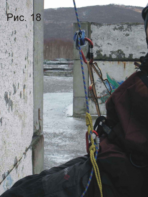 Применение узла «автоблок» для самостраховки при спуске по веревке в альпинизме. (самостраховка, дюльфер, безопасность)