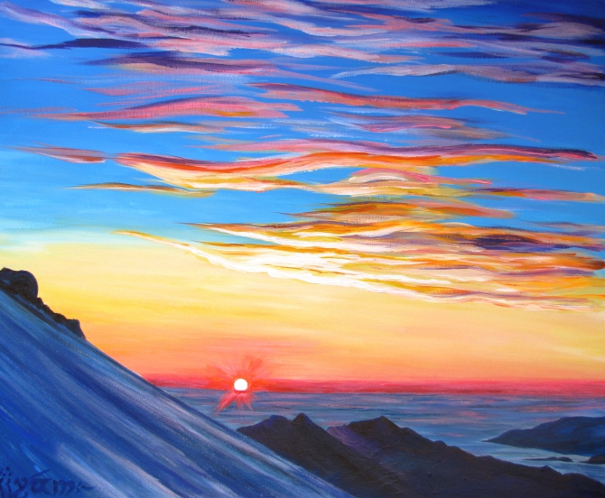 Горы, рисование: рассвет на Эльбрусе (Альпинизм, кавказ)
